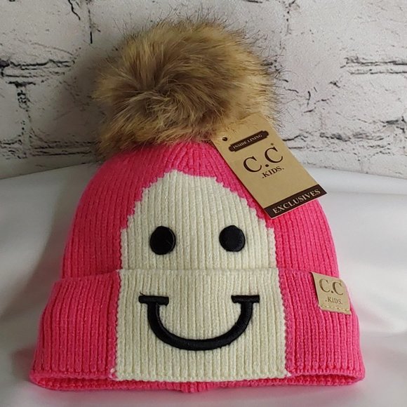 'C.C BEANIE' 'LINED POM-POM'  BEANIE 'HAPPY FACE' - Picture 9 of 15